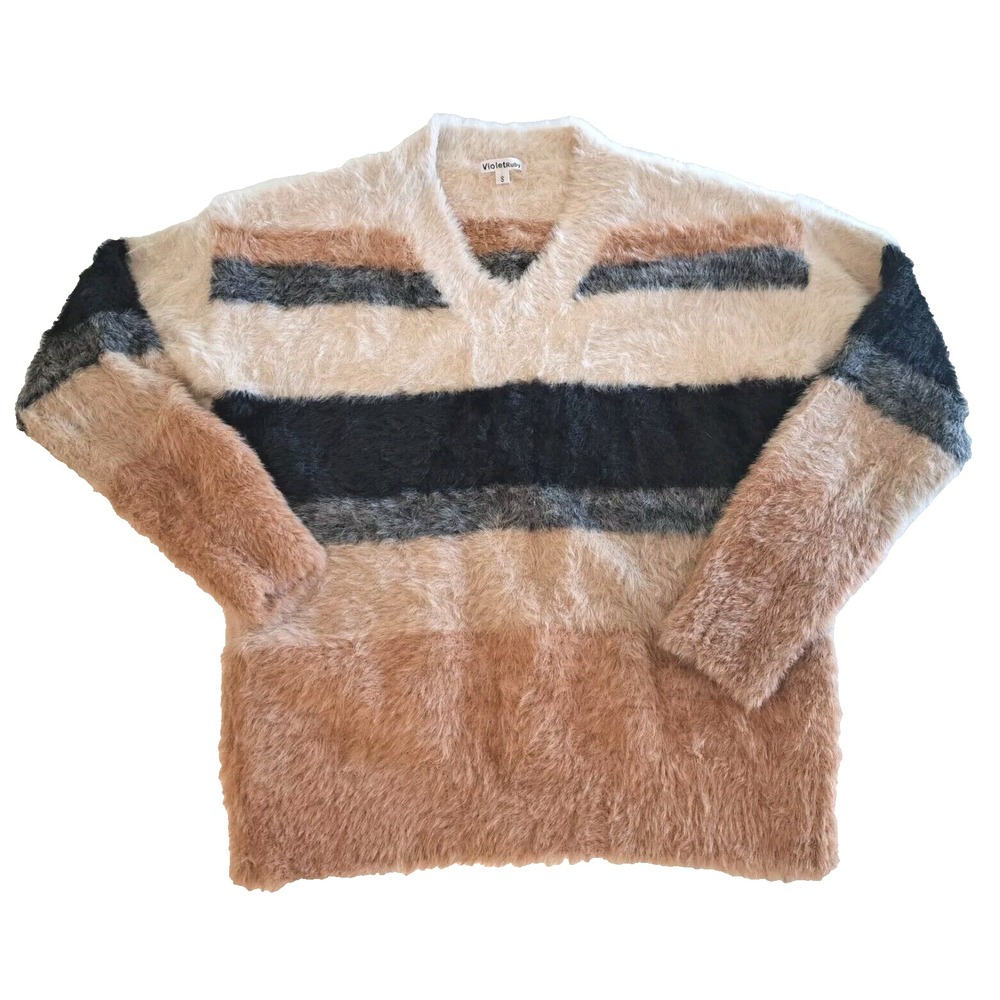 Violet Ruby Fuzzy‎ Sweater Womens Small Striped Brown Cream Y2K Faux Fur